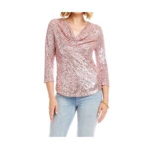 NEW KAREN KANE 3/4 sleeve drape front sequin top in pink